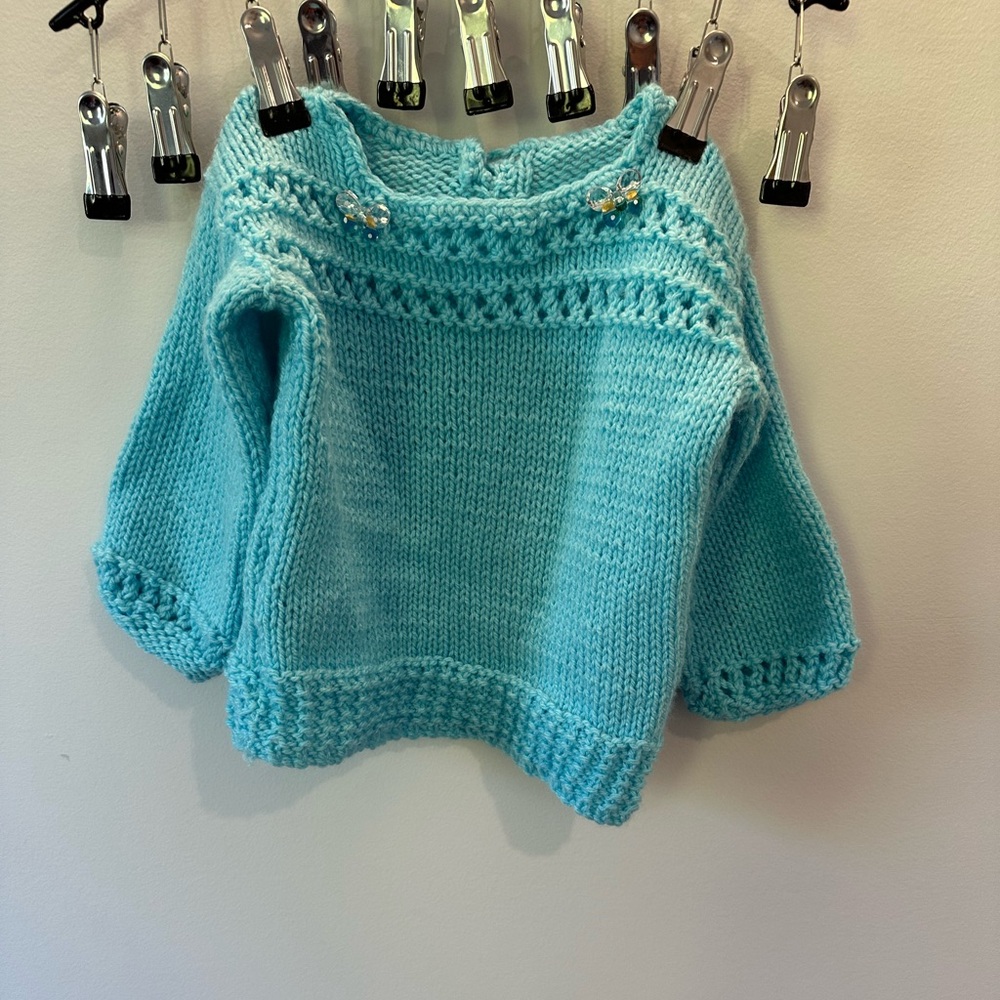 Teal hand knit girls 24 Sweater with butterfly accents!